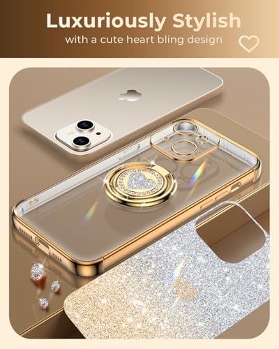 Image of XYZ for iPhone 13 Back Cover Case with Stand, Phone Case with Double Ring Kickstand, Women Girls Bling Luxury Glitter Clear Phone Case Cover Heart for iPhone 13, Gold
