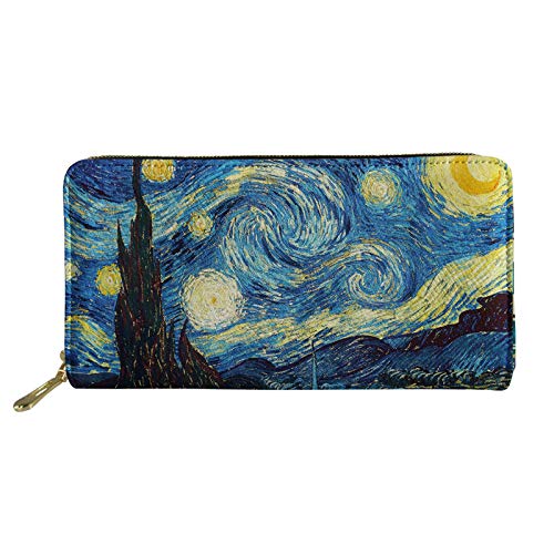 SENATIVE Damen-Geldbörse, lang, Leder, wasserdicht, Casual-Look, Geldbeutel, Geldscheinklammern, Van Gogh Aquarellmalerei (Blau) - 20201008-50 Cover