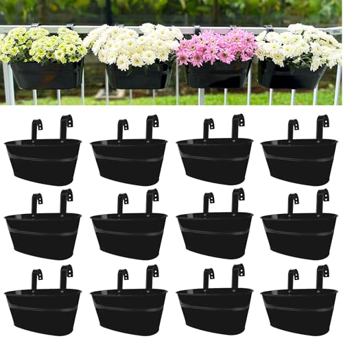 LaLaGreen Rail Planter Outdoor Plants(11.8 Inch, 12 Pack) Black Metal Iron Hanging Flower Pots Deck Railings Fence Buckets Modern Countryside Boho Style Wall Mount Window Box Plant Holder Porch Decor