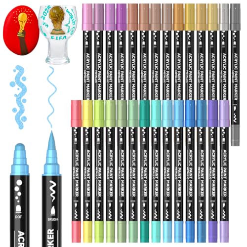 Image of Shuttle Art 28 Metallic Colors Dual Tip Acrylic Paint Markers, Brush Tip and Dot Tip Acrylic Paint Pens for Rock, Ceramic, Wood, Canvas, Plastic, Glass, Stone, Calligraphy, Card, DIY Football Crafts