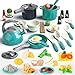 Bruvoalon 67Pcs Kids Play Kitchen Toy, Toddler Pretend Cooking Playset with Pots Pans, Utensils Cookware, Food, Canned Veges, Learning Gift for Girls Boys (Green)