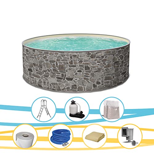 Paradies Pool Print Nature 23 Komplettset 4 rund, 350x120cm (Ø x H), Stahlwandpool graue Steinoptik, Poolfolie in Sand 0… – Bild 3