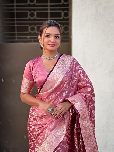 Image of Banarasi Satin Silk Zari Woven Dusty Color Saree with Unstitched Blouse Piece