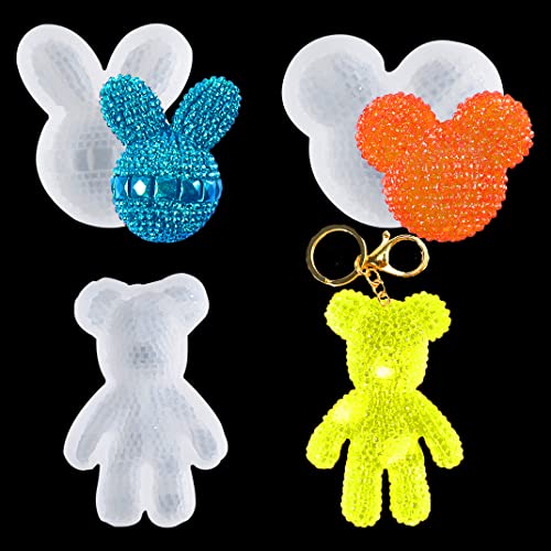 DIYBravo 3Pcs Anhänger Silikonform Epoxidharz Formen Schlüsselbund Schlüsselanhänger Maus Hase Bär Gießform 3D Tierform Basteln Auto-Dekoration Zubehör (Transparent) Cover
