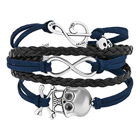 CLY Jewelry Handmade Wristband Braided Rope Infinity Cool Skull Music Note Blue Leather Wrap Multilayer Bracelet Cover