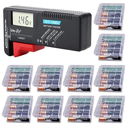 GTIWUNG Probador De Pilas Digital con Pantalla LCD, Probador Testador Universal Comprobador de Pilas Baterias Digital Medidor Voltaje Pilas AAA C D 9V 1.5V + 10Pcs Caja Almacenaje Pilas aa y aaa