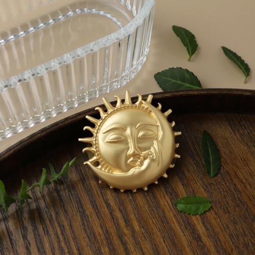 Image of Gold-Tone Moon Sun Brooch Pin Vintage Face Lapel Pin Dainty Crescent Moon with Flaming Sun Safty Pin Baroque Brooch Fairy Planet Badges for Hat Bag Pants Accessory Decoration Gift for Women Men