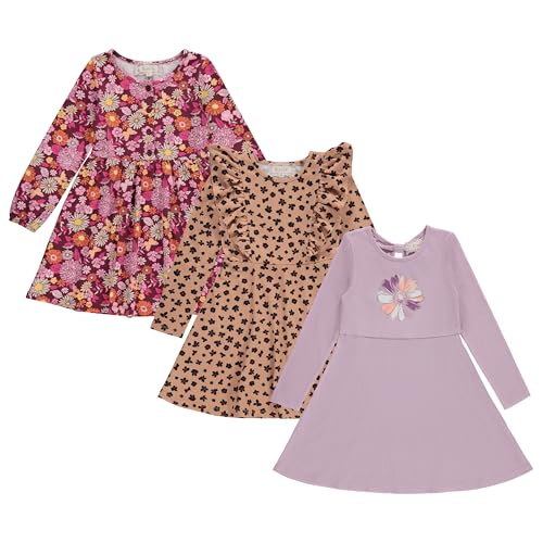 BTween Girls Long Sleeve Dresses, 3 Pack Soft Cotton Casual Dresses for Kids