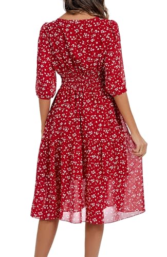 Image of Kormei Women Casual Boho Floral Round Neck 3 /4 Sleeve Smocked Waist Tiered A Line Flowy Swing Midi Dress Long Dresses