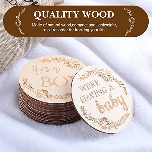 19 Pieces Pregnancy Milestone Signs Weekly Baby Bump Tracker 4.7\" Milestone Cards Wooden Milestone Discs Double Sided Pregnancy Weekly Signs Neutral Baby Announcement Cards with Bag for Pregnant Moms - Thumbnail 4