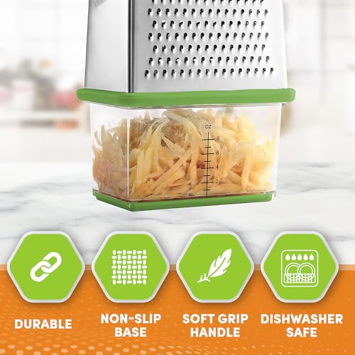 Image of Spring Chef Professional Green 10 inch Parmesan Cheese Grater With Container, Stainless Steel Food Grater for Kitchen with Handle, 4 Sided Carrot Shredder, Handheld Vegetable & Cabbage Shredder