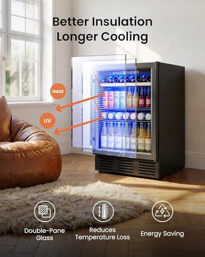 Image of 24 In Beverage Refrigerator, 112 Cans & 8 Bottles Wine Fridge with Double-Layer Glass Door, Built-In or Freestanding Wine and Beverage Refrigerator, Under Counter Fridge for Home /Bar /Cafe