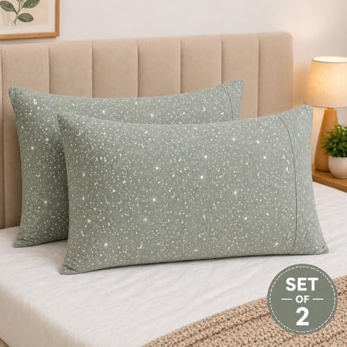 Image of Cotton Pillow Cover Set (1 Pair) | 20x30 Inch | Soft Breathable Cotton Fabric - Comfortable, Durable & Easy Care - 2 Pcs Set | Celestial Sage Print