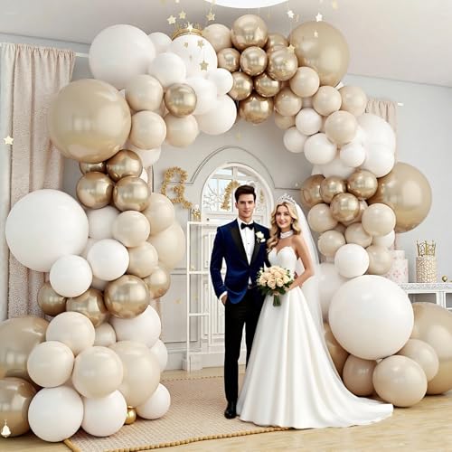 Image of 412Pcs White Sand Champagne Gold Balloon Arch Kit, Metallic Champagne Gold Neutral Balloons Garland for Boho Wedding Baby Shower Bridal Shower Engagement Anniversary Decorations