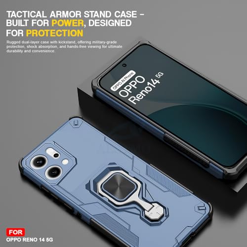 Image of AESTMO Armor Back Cover for Oppo Reno 14 5G | Ring Holder & Kickstand & Camera Protection in-Built | 360 Degree Protection Back Case Cover (Blue)