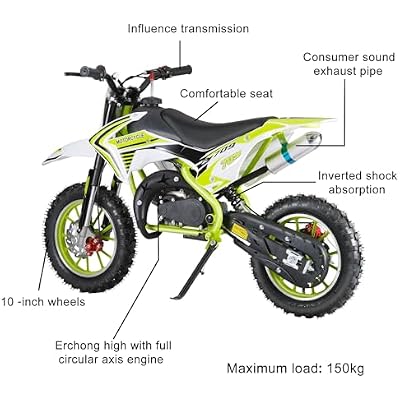 50cc Kids Dirt Bike, 2-Stroke Gas Power Dirt Bike Off Road Motocross Gas Dirt Bike with Front Rear Disc Brakes for Beginner Motocross Bikes for Kids 8-12 Max 30KM/H 150KG Load Green