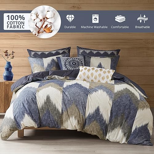 Image of Ink+Ivy Queen Size Comforter Set, Cozy Cotton Comforter, All Season, Lightweight Comforter Queen Bed Set with 2 Matching Shams, Modern Cabin Lodge Ikat Chevron Design, Navy Full /Queen 3 Piece