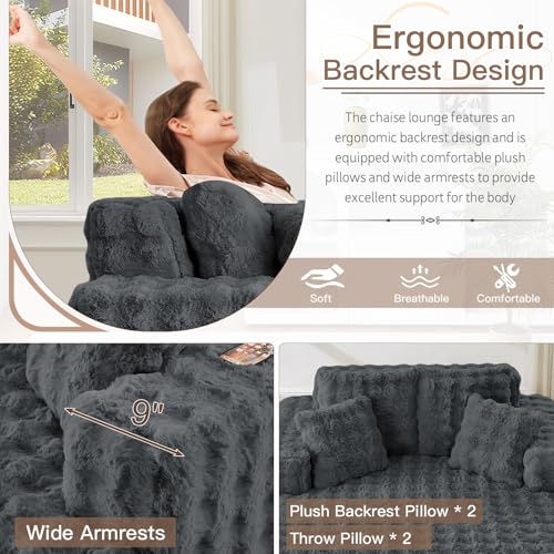 Image of JEEOHEY 56 inch W Oversized Chaise Lounge Chair Indoor,Plush Faux Fur Sleeper Couch Sofa Bed with Pillows,Fluffy Comfy Cloud Sofa,Compression Foam Boneless Couch for Living Room,Bedroom(Bubble, Grey)