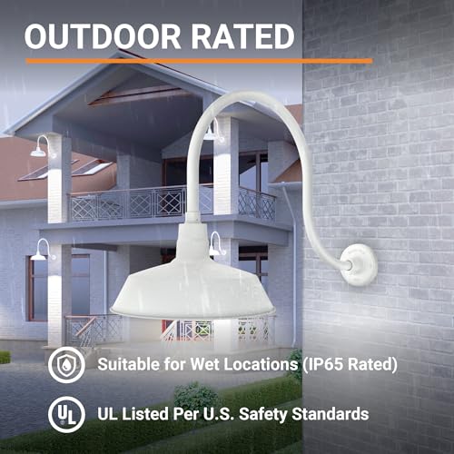 Image of 14in. White Outdoor Gooseneck Barn Light Fixture With 24in. Long Extension Arm - Wall Sconce Farmhouse, Vintage, Antique Style - UL Listed - 9W 900lm A19 LED Bulb (5000K Cool White)