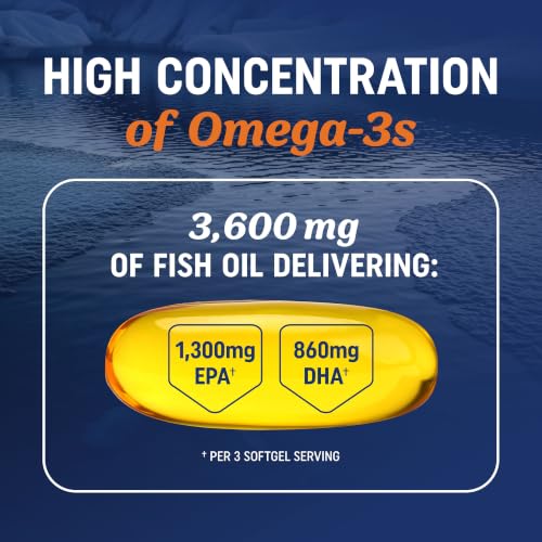 Image of Triple Strength DHA Omega-3 Fish Oil 3600 mg | Over 2100mg Omega-3 Fatty Acids with 860 mg of DHA | 1300mg EPA | Best Essential Fatty Acids | Premium Wild Caught & Burpless Fish Oil | 120 Softgels