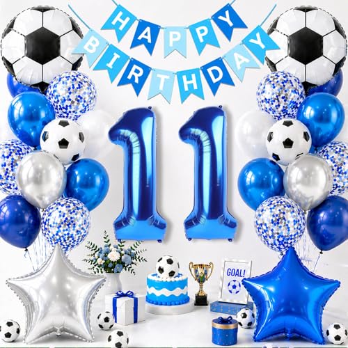 OIWLCI Soccer Birthday Party Decorations, Blue Number 11 Balloon, Blue and White Soccer Balloons, Happy Birthday Banner for Football Party Decorations (Blue, Number 11)