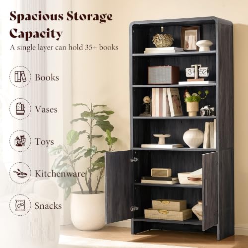 Image of AMERLIFE 71 inch Modern Bookcase Set of 2 with Storage Cabinet, 6-Tier Bookshelf with 3 Adjustable Shelves & Fluted Doors, Wood Curved Display Cabinet for Living Room, Dining Room, Home Office, Dark Grey