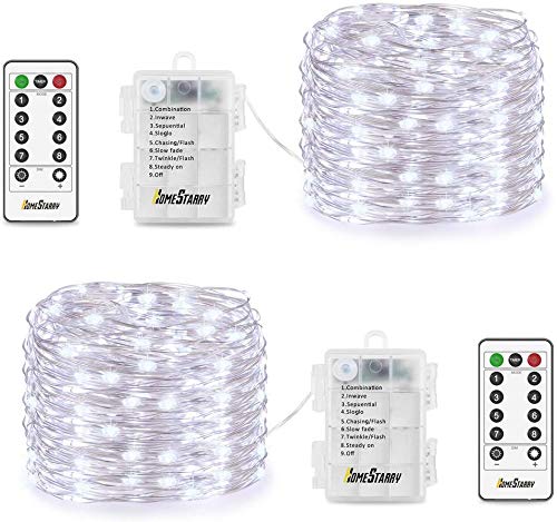 Preisvergleich Produktbild Lichterkette Batterie, 2er 5M 50 LED Lichterkette 8 Modi Außenbeleuchtung Batteriebetrieben Kupferdraht Wasserdichte IP68 mit Fernbedienung und Timer für Zimmer Weihnachten Dekoration (Kaltes Weiß)