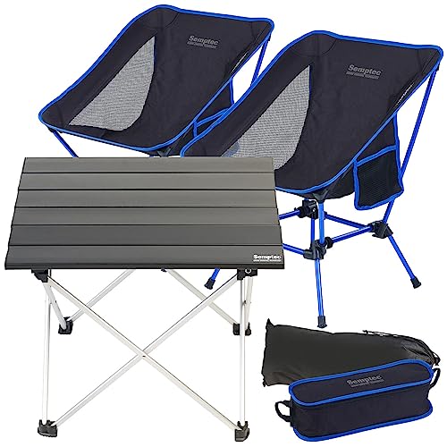 Semptec Urban Survival Technology Campinggarnitur: Faltbarer Aluminium-Campingtisch inkl. Zwei klappbarer Campingstühle (Camping -Tisch & Stuhl-Set, Camping-Tisch & Stuhl-Set Alu)