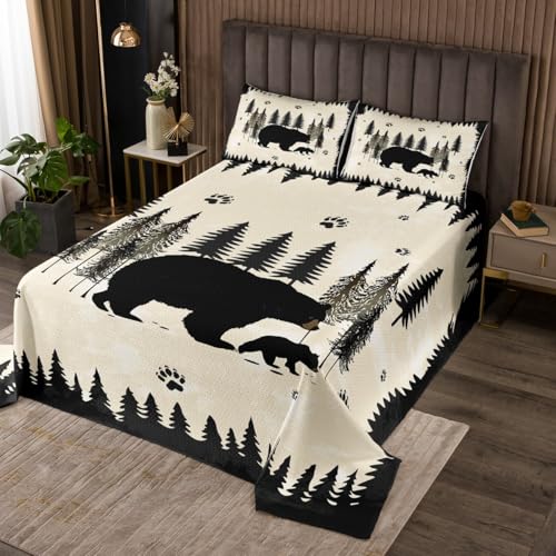 Cartoon Bear Bedding Set,Cute Wild Animal Paw Print Bedspread for Kids Boys Girls Teens,Jungle Pine Trees Silhouette Cabin Coverlet Set with 2 Pillowcases,Queen Size 3 Pcs