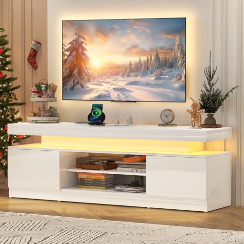 Verano Garden 63' LED TV Stand for 75 Inch TV, High Gloss Entertainment Center with Power Outlet &...