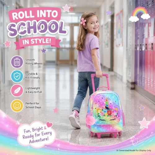 Image of Rolling Backpack for Girls and Boys,Kids Unicorn Dinosaur Bookbag with Roller Wheels, Suitcase School Bag Set, 18'' Jmd Rolling Pink, One Size
