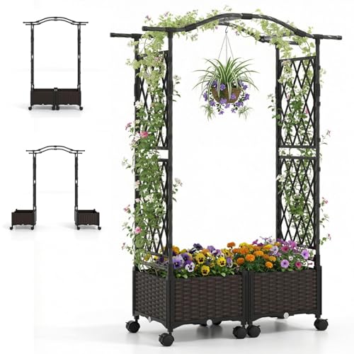 homasis arco da giardino con ruote, 2 in 1 pergolato da giardino con arco per rampicanti e fioriera, sistema di auto-irrigazione, decorazioni da esterno per matrimoni (marrone, 153 x 40 x 147 cm)