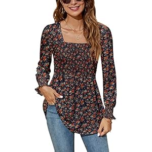 LOMON Blouses for Women Puff Long Sleeve Shirts Square Neck Casual Smocked Tunic Tops 2024 Spring Fall Winter Clothes S-XL Apricot Army Green Floral Small