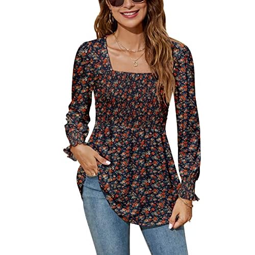 LOMON Blouses for Women Puff Long Sleeve Shirts Square Neck Casual Smocked Tunic Tops 2024 Spring Fall Winter Clothes S-XL Apricot Army Green Floral Small