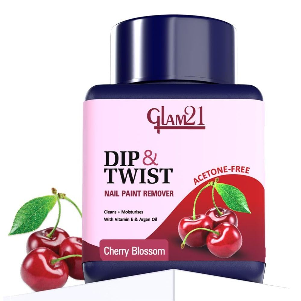 Glam21 Dip & Twist Nail Polish Remover – Acetone-Free, Argan Oil & Vitamin E Infused, Quick Twist-Off Cleaner with Soft Sponge for Nourished, Healthy Nails | 80ml (Cherry Blossom)