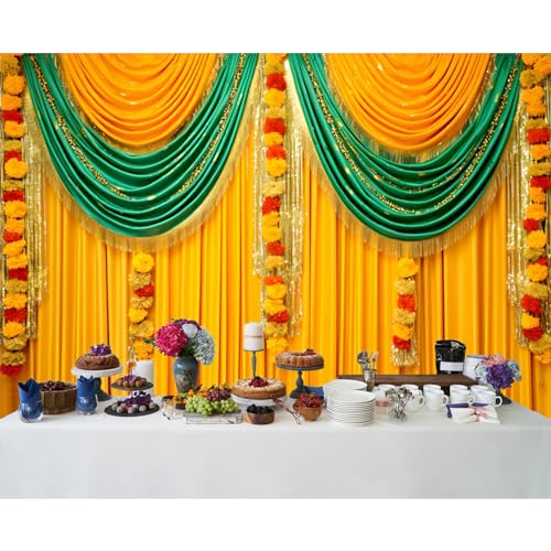 Image of 10x6.5ft Indian Traditional Backdrop Photography Yellow Green Curtain Wreath Photography Background Indian Festival Decors Wedding Banner Bridal Shower Decors for Couple Bride Studio Props