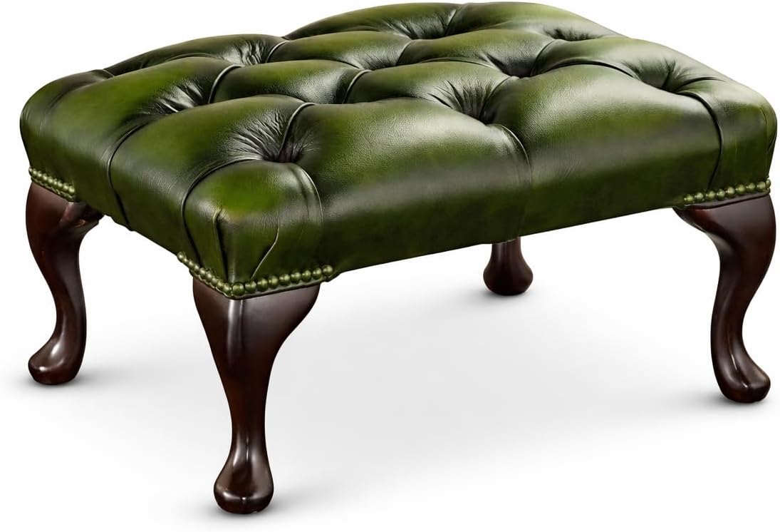 – Handmade Chesterfield Footstool – Antique Green Genuine Leather – Queen Anne Mahogany Legs – Large Upholstered Footstool – Button-Tufted Classic British Style – Real Wood Frame