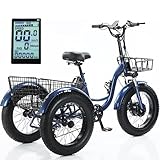 ZHZWwansuGE Elektrisches Dreirad Für Erwachsene (7 Gang), 20″ Fahrrad Mit Breiten Reifen, 48V 13Ah Akku – 34km Reichweite, Hydraulische Scheibenbremsen Vorne Und Hinten, Tragfähigkeit 150 Kg Blue