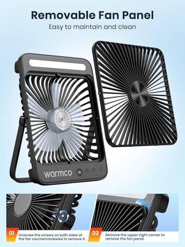 Warmco D4 Pro Camping Ventilator, 20000mAh 27cm 22.5W Schnellladen Ultraflach Akku Ventilator mit Licht, 15-48 Std. Laufzeit, Timer, Haken, Tragbare Tischventilator für Zelt, Schlafen, Wohnmobil