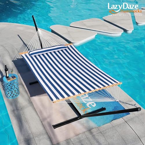 Image of Lazy Daze Hammocks 12FT Quilted Fabric Double Hammock with Spreader Bars and Detachable Pillow, 2 Person, 450lbs Capacity, Blue White
