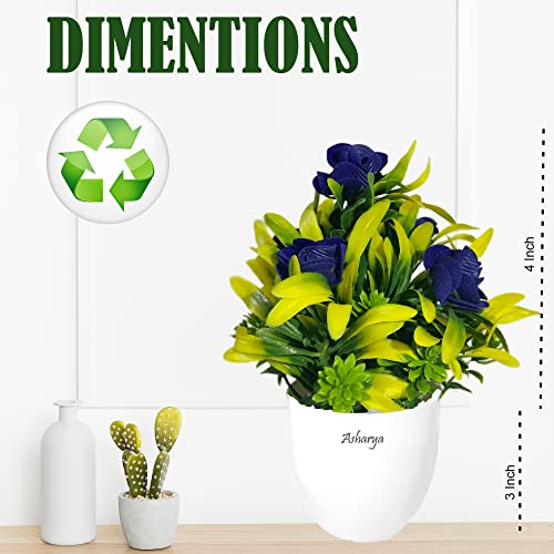 Image of Artificial Flower Plants for Home Decor - Set of 2 Mini Potted Plants in White Pots | Red & Blue Ideal for Living Room, Office, Indoor Outdoor Decoration
