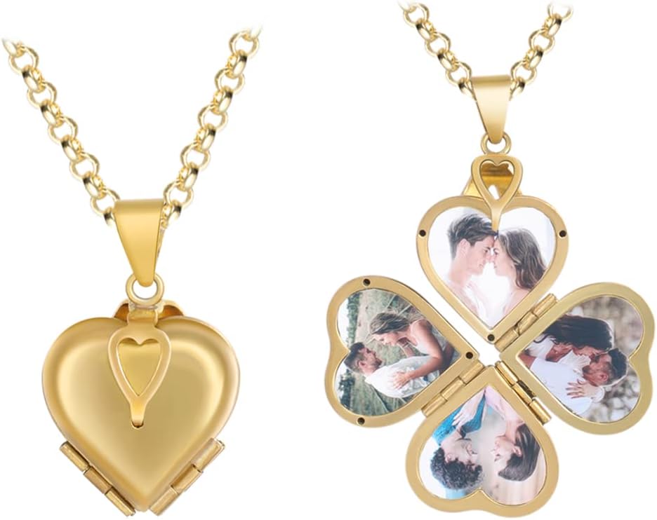 Lam Hub Fong Photo Locket Necklace for Women Personalized Heart Locket Necklace with 2/4 Photos Names Engraved Necklace for Girlfriend Wife Mom Women Valentine's day Birthday Gift