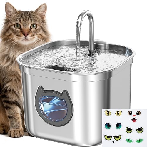 Cat Water Fountain for Drinking, 2.2L/74oz Stainless Steel Automatic Pet Water Dispenser with Filter - BPA Free, Ultra-Quiet Pump, LED Light & Easy Clean View Window for Cats and Dogs