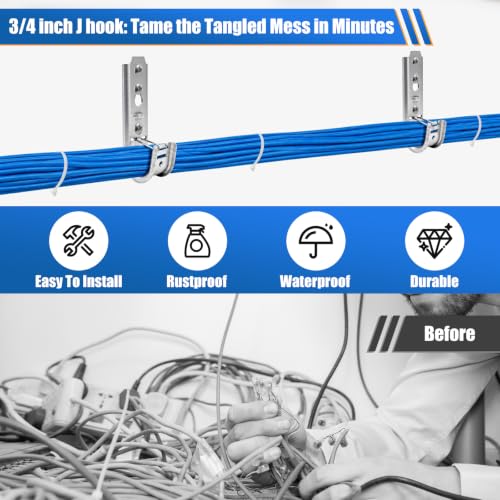 Image of 3 /4 Inch Wall Mount Cable Support J Hooks, 100 Pack with Retainer Clips