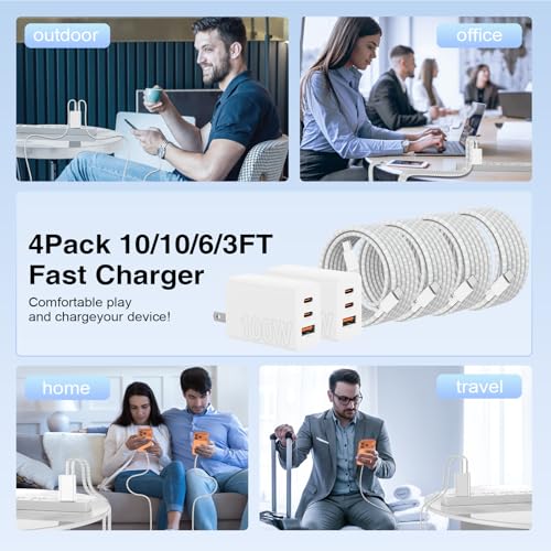 Image of 65W Fast Charging for iPhone Duo 18 17 16 Pro Max,3 Port 100W USB C Charger Block & 3 /6 /10 /10FT Braided Type C Cord for iPhone 17 16 15 Pro /MacBook Air /iPhone 18 Pro /for Samsung S26 Ultra