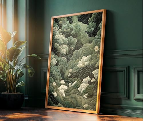 Peinture Wabi Sabi vert sauge art forestier japonais | Grande toile murale 80x110 cm