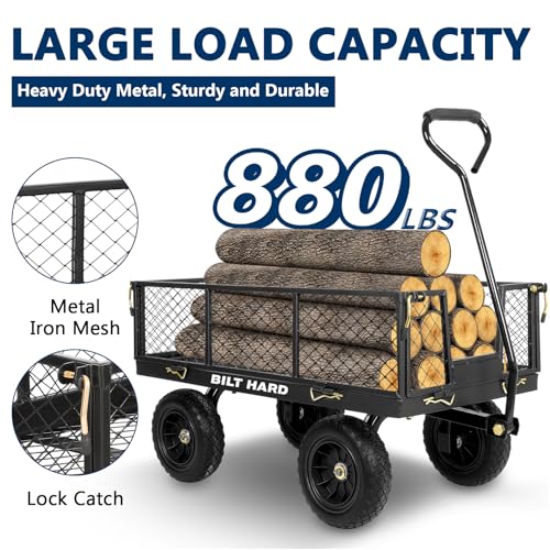 Image of BILT HARD 10 inch Flat Free Tires Heavy Duty Garden Cart with 180 Rotating Handle and Removable Sides, 4 Cu.Ft 880 lbs Capacity Utility Steel Wagons for Outdoor, Yard