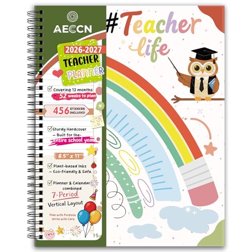 AECCN Teacher Planner 2026-2027 Academic Year 8.5 x 11 with 7 Period Lesson Plan Book Weekly & Monthly Planner with 110gsm Thick Paper Cute School Supplies & Teacher Supplies for Classroom Organization
