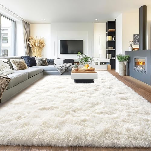 Pionblank 8x10 Rug for Living Room, Fuzzy Plush Large Area Rug, Fluffy Modern Shag Non Slip Soft Furry Carpet for Bedroom Kids Room Nursery Teens Dorm Home Decor, Cream White