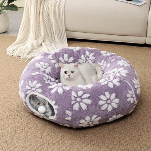 Image of Cat Tunnel for Indoor Cats, Cute Peekaboo Cat Cave with Dangling Balls, Pet Donut Tunnel Bed with Circle Mat for Puppy Kitten Rabbit, Purple